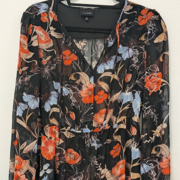 Who What Wear Black Sheer Floral Flowy Long Sleeve Midi Dress sz S - Picture 7 of 11